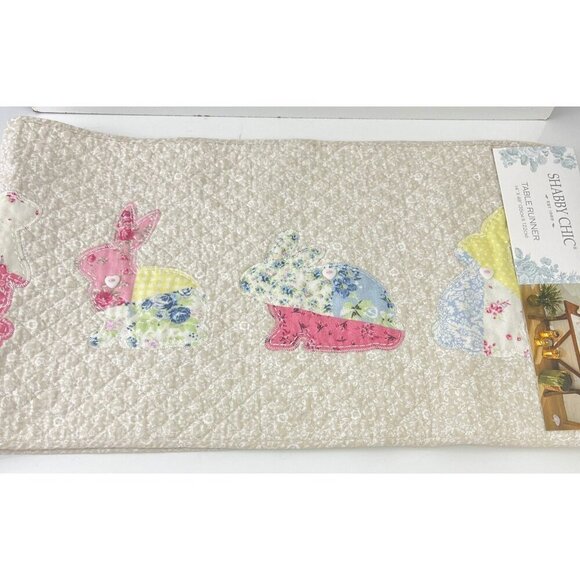 Shabby Chic Quilted Table Runner With Bunny Appliqués 14"x48" Beige With Pastel - Picture 2 of 10